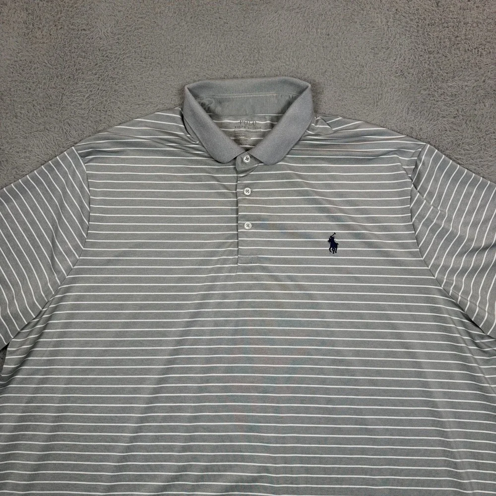 Polo Ralph Lauren Performance Mens XXL Grey White Striped Classic Fit Polo Shirt
